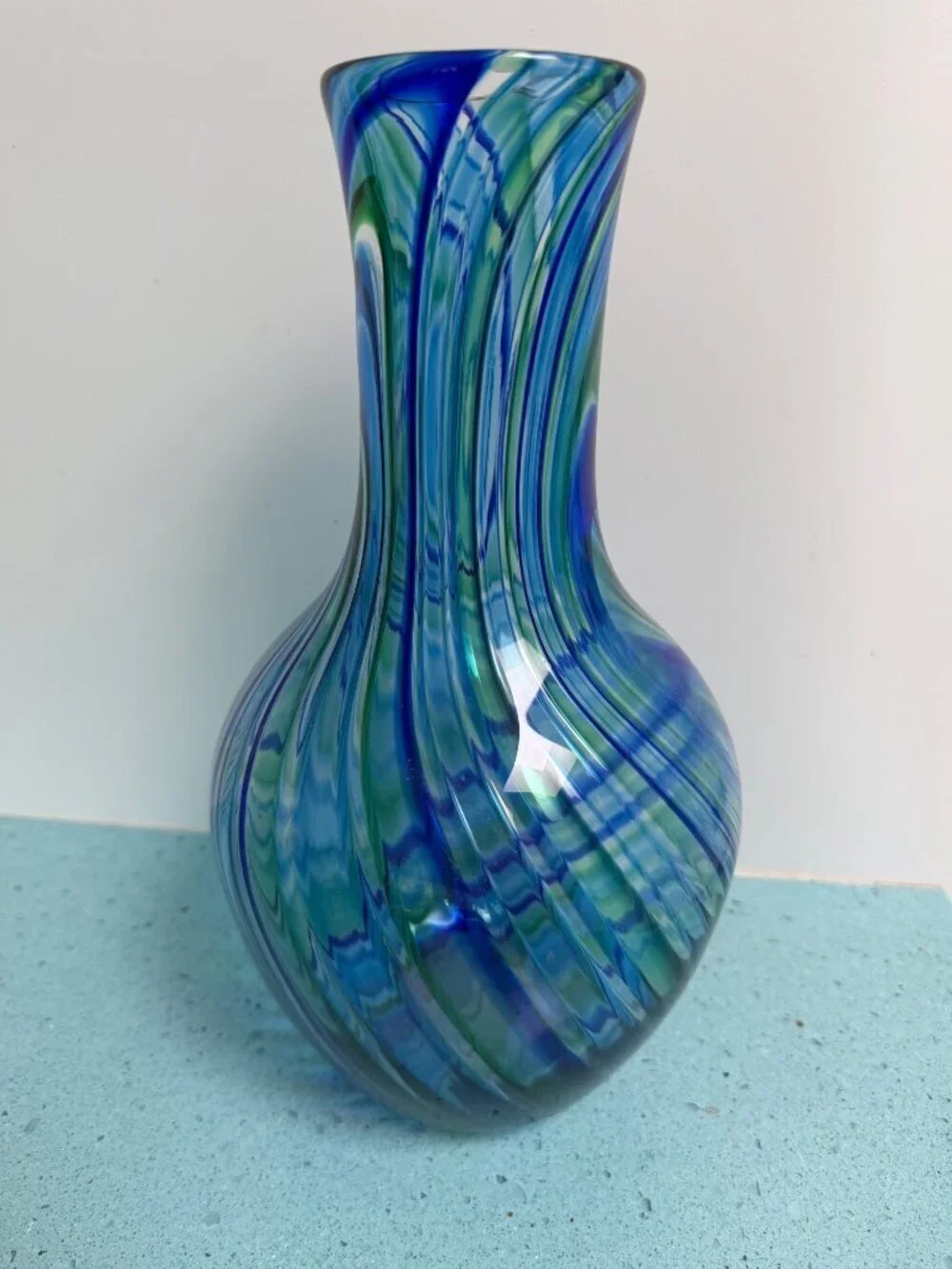 Michael Egan Vermont 2001 Handblown 12 inch Art Glass Vase Blue Green Handmade